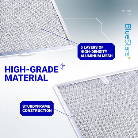 99010316 range hood grease filter showing 5-layer aluminum mesh construction and sturdy frame details.