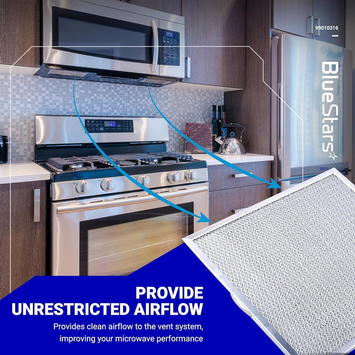 99010316 range hood grease filter shown installed in a microwave vent system to improve airflow and performance.