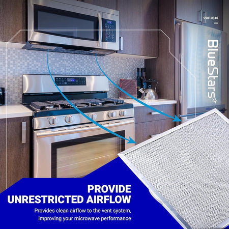 99010316 range hood grease filter shown installed in a microwave vent system to improve airflow and performance.