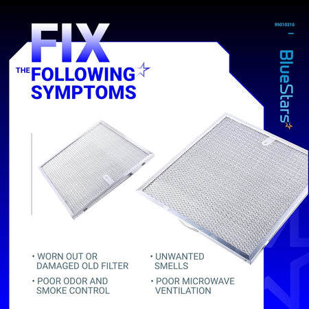 Two 99010316 range hood grease filters for Broan and Kenmore, shown with symptoms of a faulty filter.
