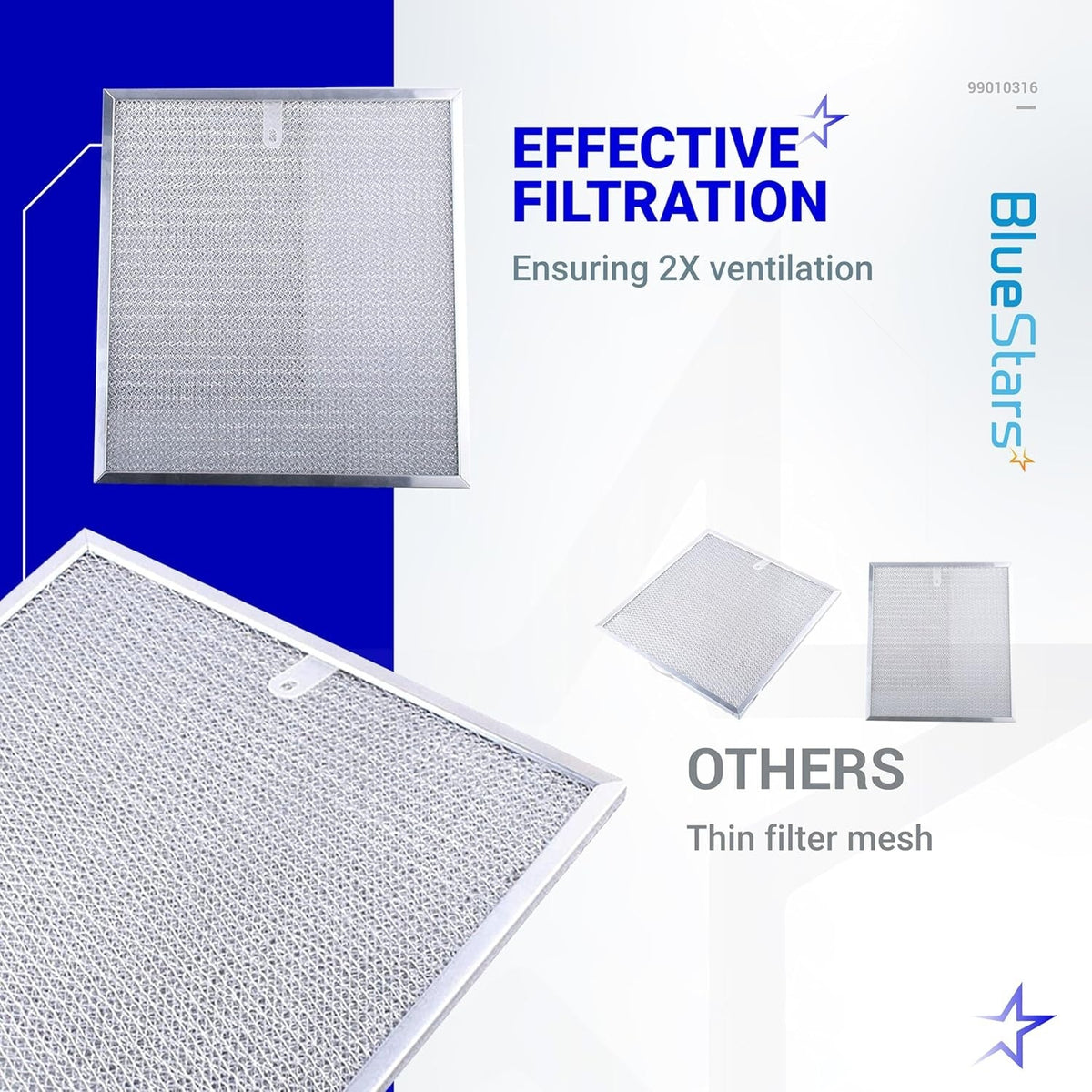 Comparison graphic showing 99010316 range hood grease filter mesh quality versus thin standard filters.