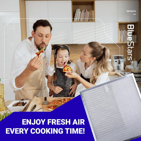 99010316 range hood grease filter replacement for Broan and Kenmore, shown in lifestyle kitchen setting.