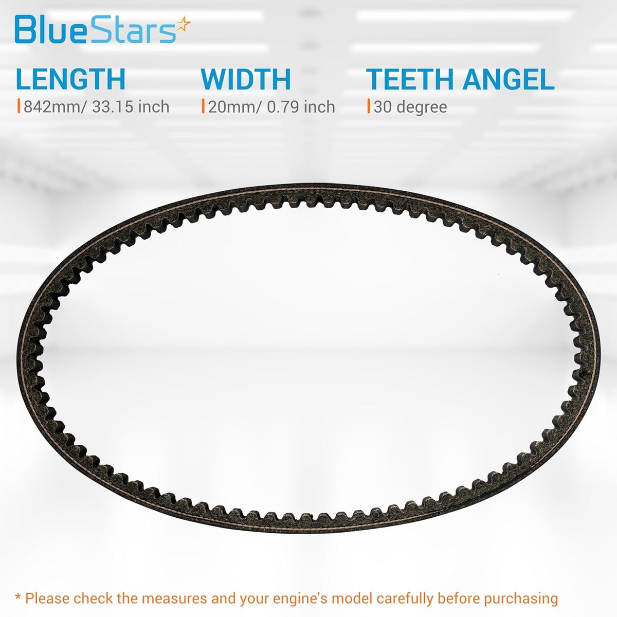 842-20-30 Racing CVT drive belt showing length, width, and teeth angle specifications.