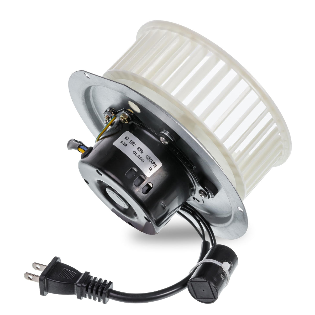 Replacement bathroom fan motor assembly with blower wheel and power cord for 0695B000.