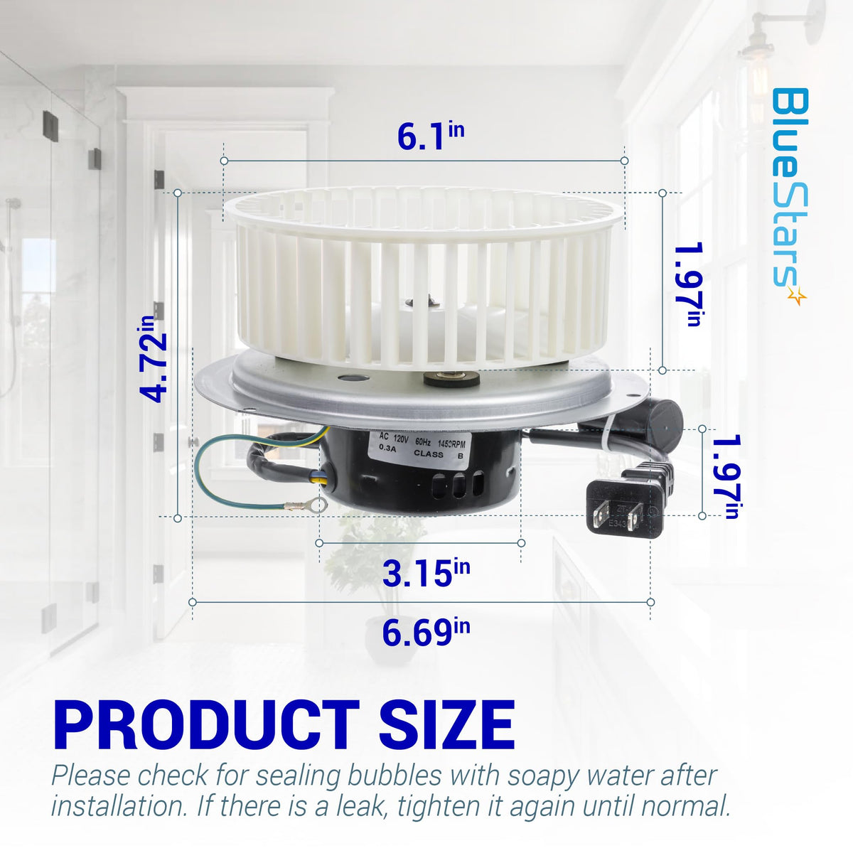 0695B000 bathroom fan motor assembly with blower wheel and dimension labels showing product size specifications.