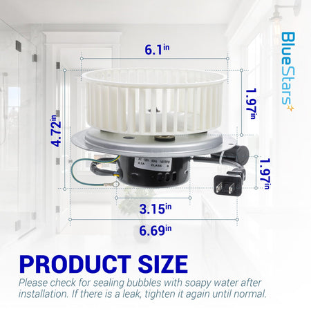 0695B000 bathroom fan motor assembly with blower wheel and dimension labels showing product size specifications.