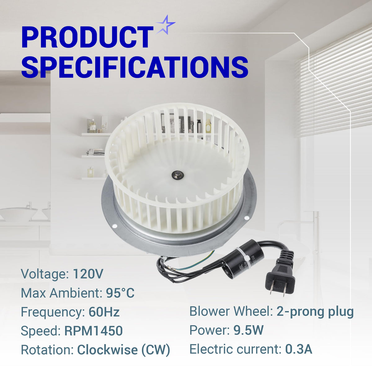 0695B000 bathroom fan motor assembly with white blower wheel and 2-prong power plug.