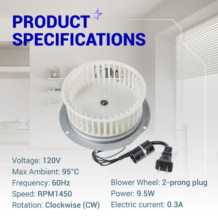 0695B000 bathroom fan motor assembly with white blower wheel and 2-prong power plug.