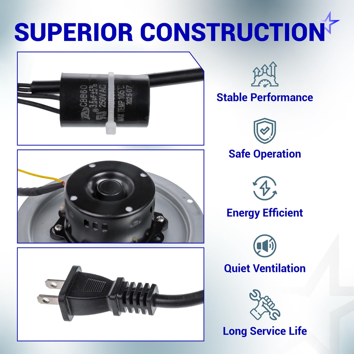 0695B000 bathroom fan motor assembly components including capacitor, motor housing, and power plug.