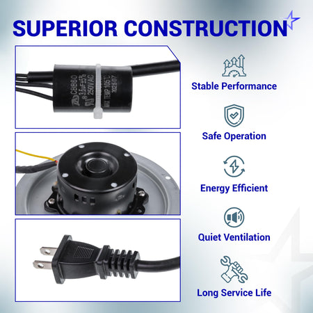 0695B000 bathroom fan motor assembly components including capacitor, motor housing, and power plug.