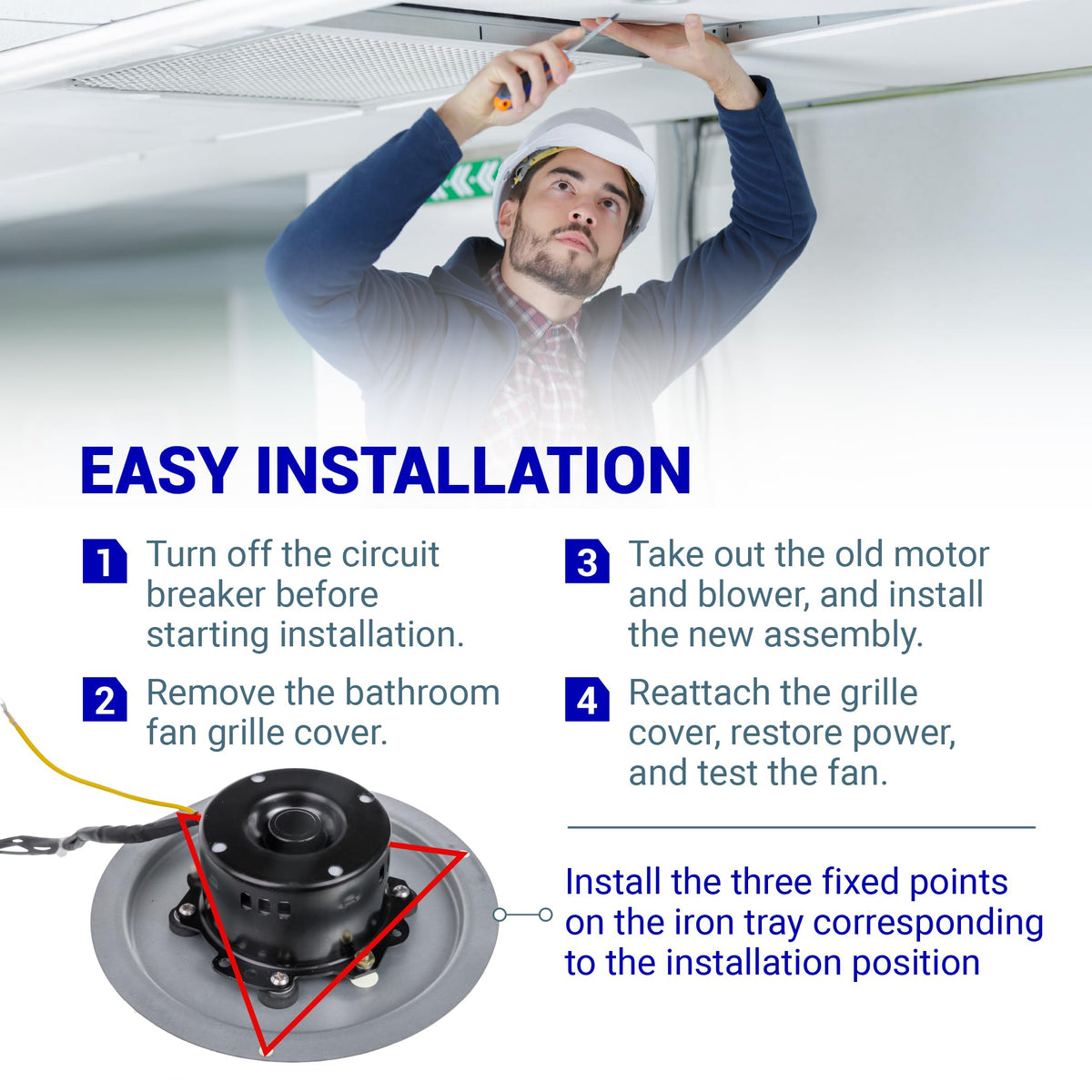Installation guide for 0695B000 bathroom fan motor assembly showing steps and mounting points.