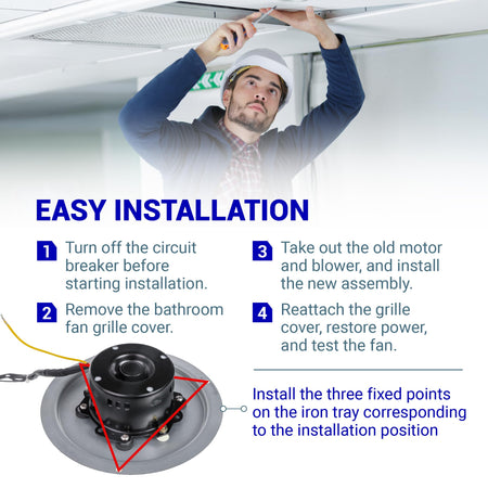 Installation guide for 0695B000 bathroom fan motor assembly showing steps and mounting points.