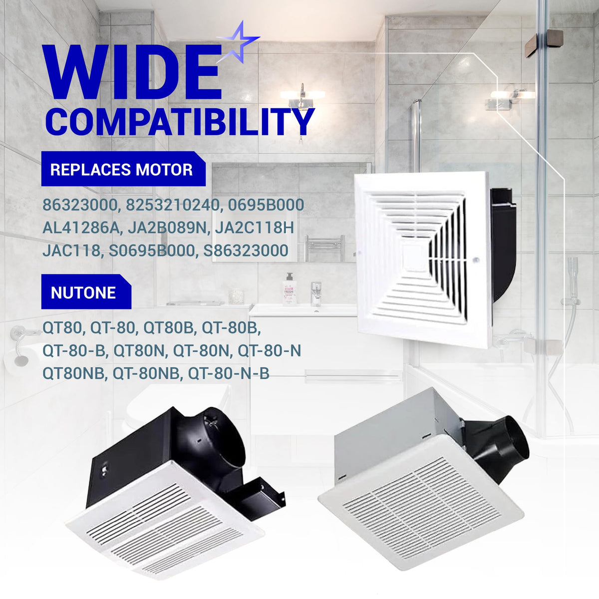 Replacement bathroom fan motor assembly for NuTone QT80 series ventilation fans.