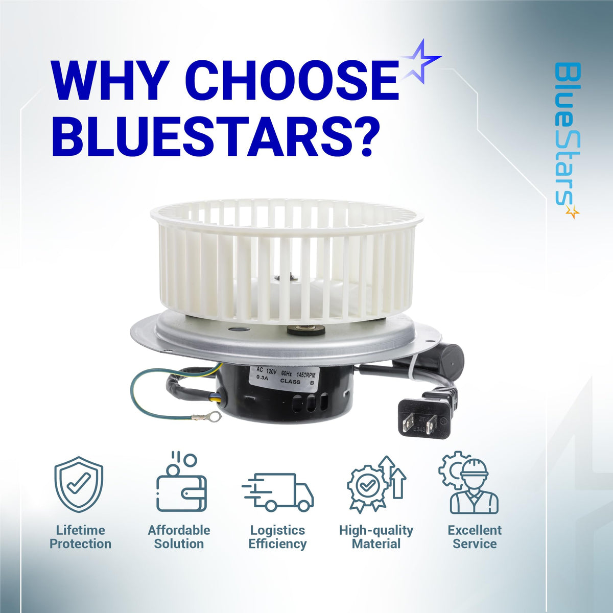 0695B000 bathroom fan motor assembly with white blower wheel and power plug on a promotional BlueStars background.