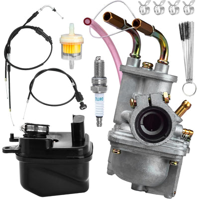 PW50 carburetor kit with air filter, fuel filter, spark plug, cables, and cleaning tools for Yamaha PW50.