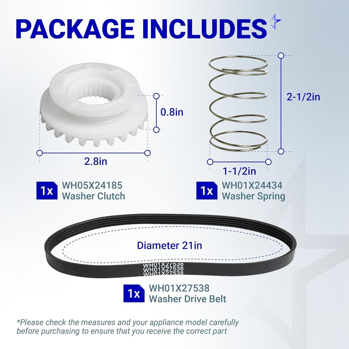GE washer repair kit including WH05X24185 clutch, WH01X24434 spring, and WH01X27538 drive belt with dimension diagrams.