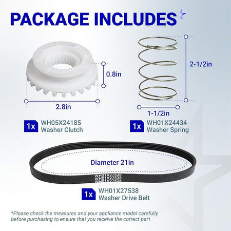 GE washer repair kit including WH05X24185 clutch, WH01X24434 spring, and WH01X27538 drive belt with dimension diagrams.