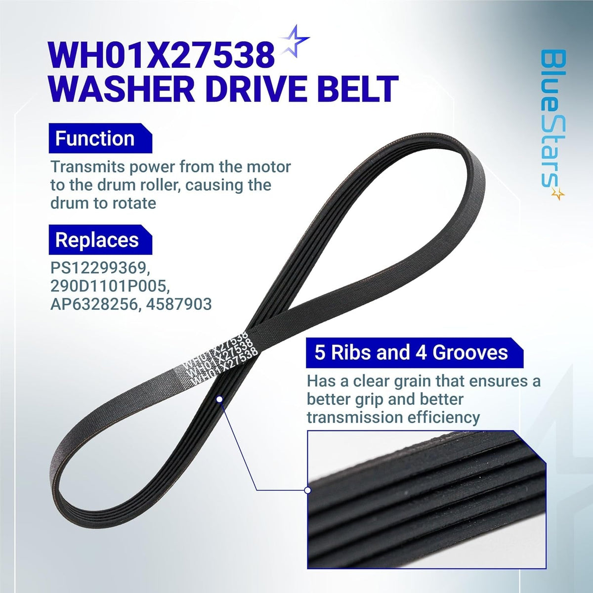 WH01X27538 washer drive belt for GE and Hotpoint clothes washers with 5-rib design for motor power transmission.