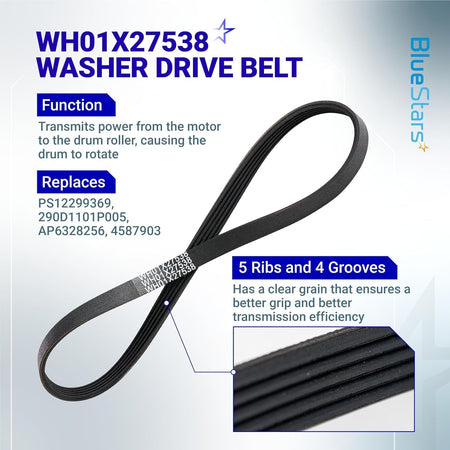 WH01X27538 washer drive belt for GE and Hotpoint clothes washers with 5-rib design for motor power transmission.