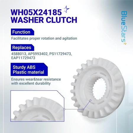 WH05X24185 washing machine clutch replacement part for GE Hotpoint washers with detailed product information graphic.