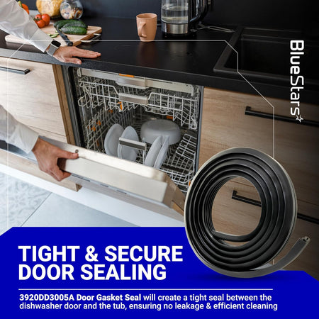 Coiled 3920DD3005A dishwasher door gasket seal for LG and Kenmore dishwashers shown with installation context.