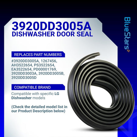 3920DD3005A dishwasher door gasket seal for LG and Kenmore dishwashers shown in a coiled product information graphic.
