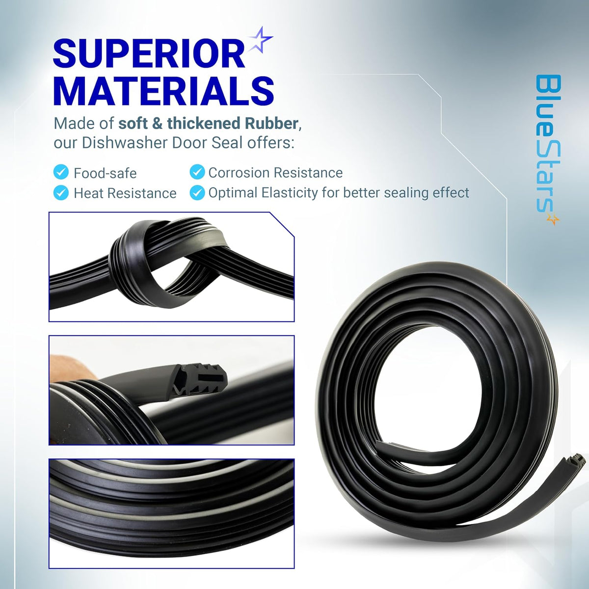 Infographic showing material features and close-up details of the 3920DD3005A dishwasher door gasket seal.