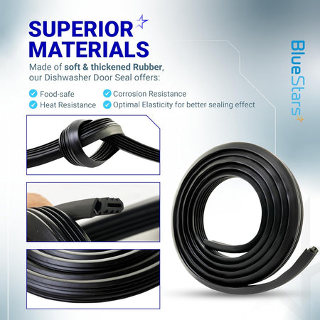 Infographic showing material features and close-up details of the 3920DD3005A dishwasher door gasket seal.