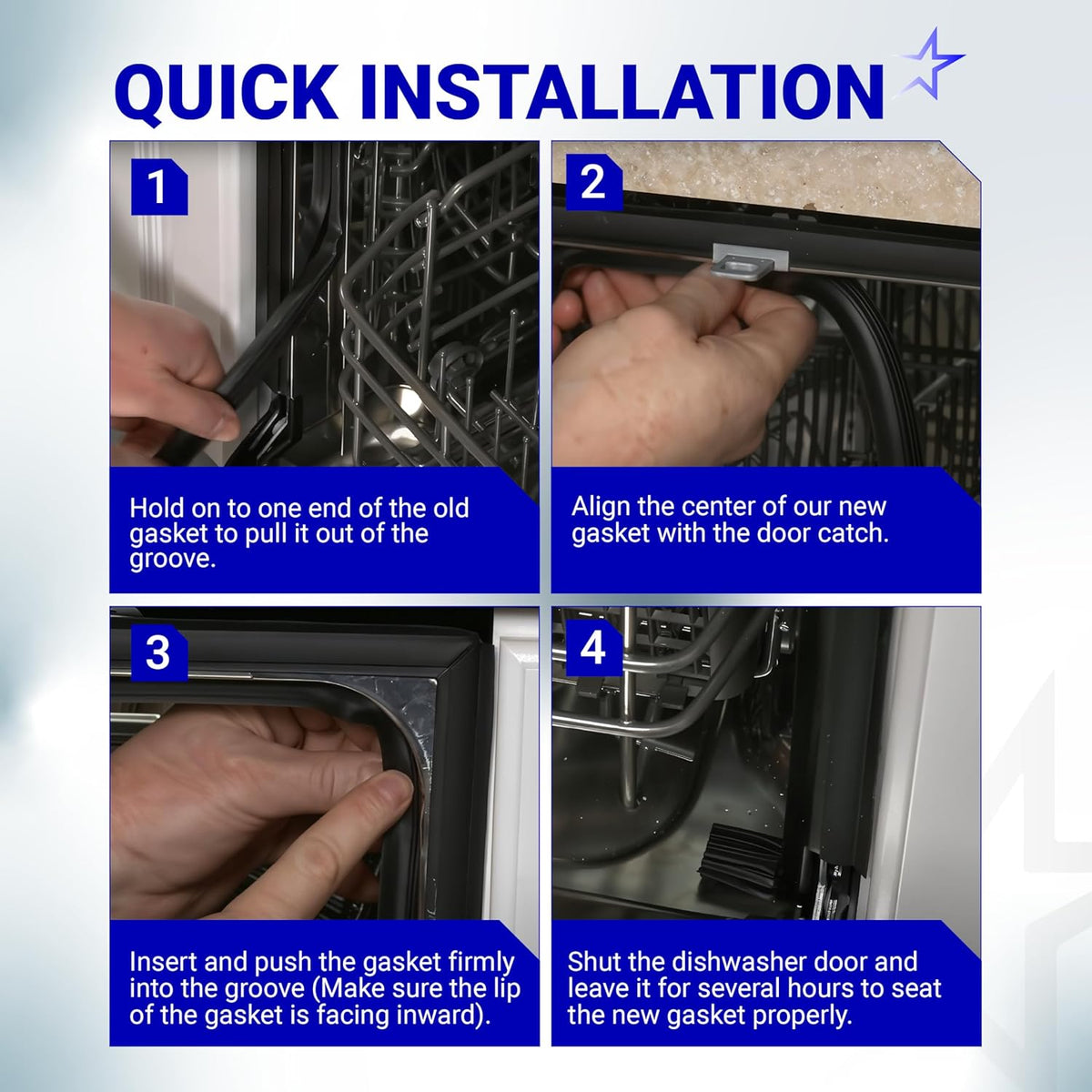 Four-step installation guide for replacing an LG and Kenmore dishwasher door gasket seal.