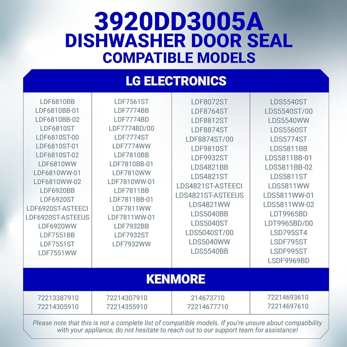 Compatibility chart for 3920DD3005A dishwasher door gasket seal listing LG and Kenmore model numbers.