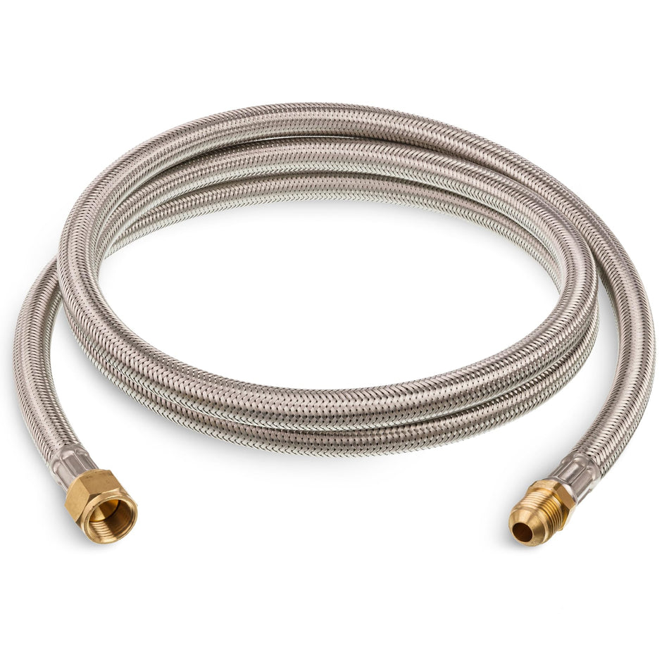 6-foot stainless steel braided propane hose with 3/8-inch female and male flare fittings.