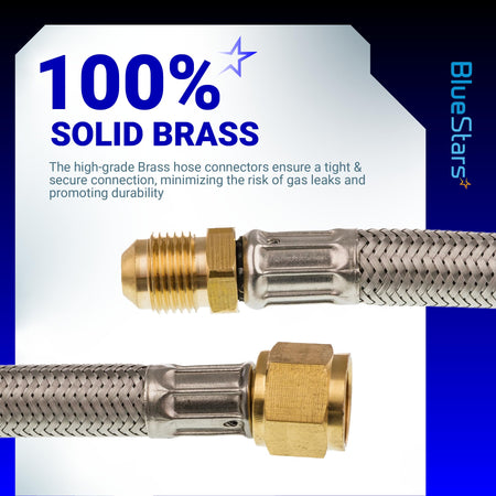 Close-up of solid brass 3/8-inch male and female flare connectors on a stainless steel braided propane hose.