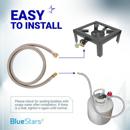 Installation diagram showing 6-foot stainless steel propane hose connecting a gas tank to a portable stove.