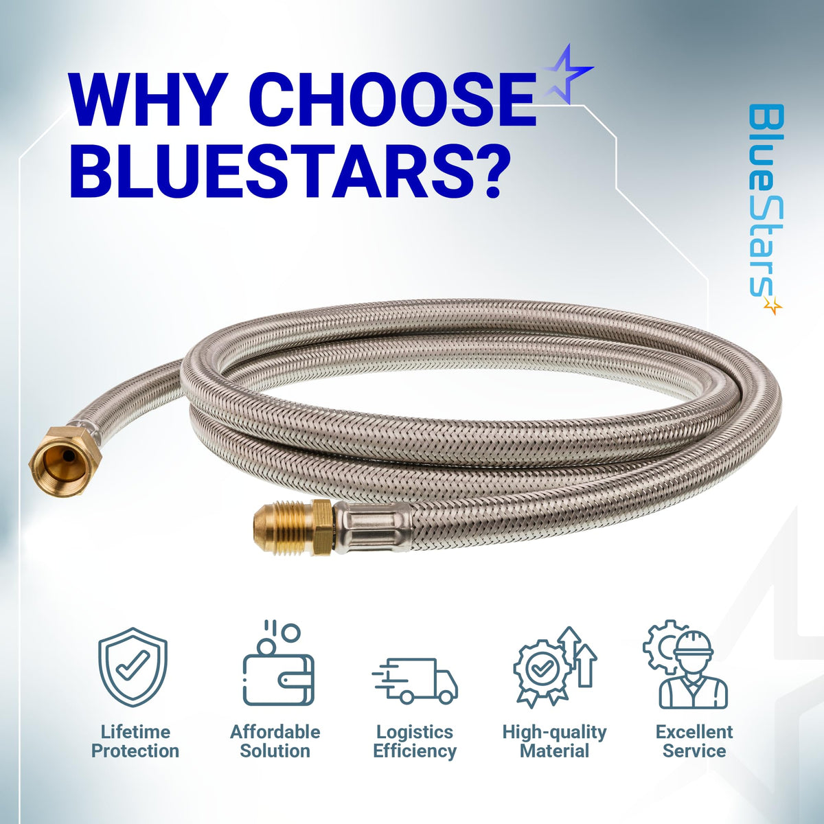 6-foot stainless steel braided propane hose extension with 3/8-inch flare fittings on a branded promotional background.