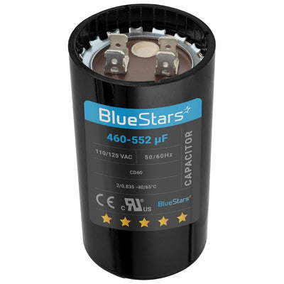 Round 460-552 uF 110-125 VAC motor start capacitor with dual terminal connectors.