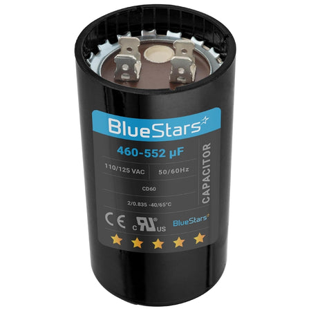 Round 460-552 uF 110-125 VAC motor start capacitor with dual terminal connectors.