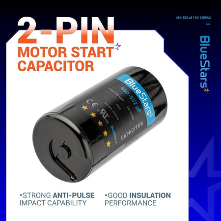 BlueStars 460-552 uF 110-125 VAC round motor start capacitor with 2-pin connector.