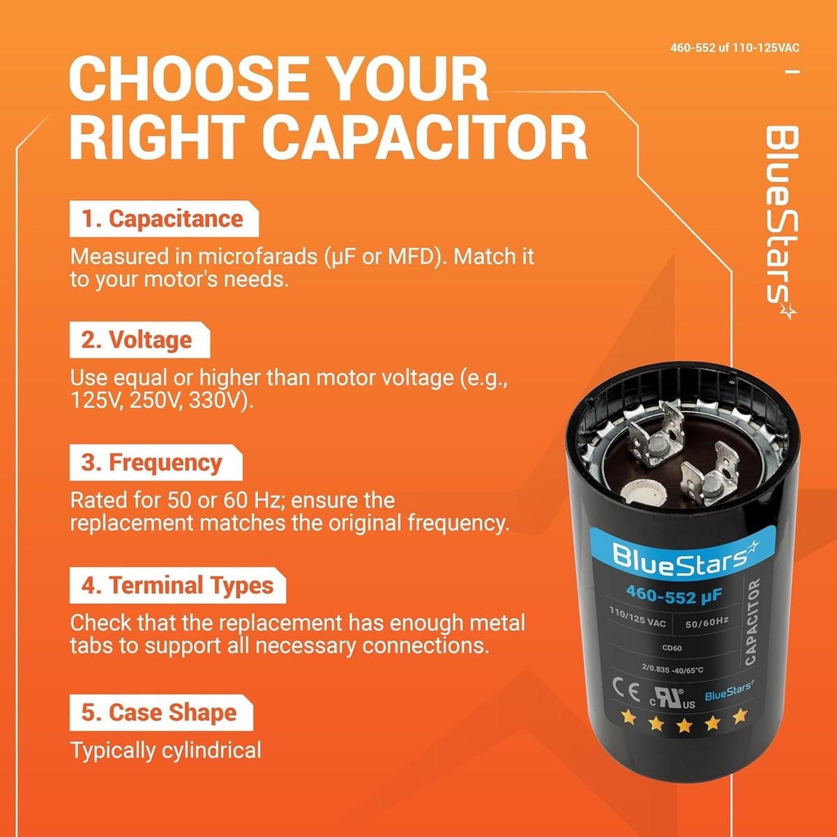 Infographic guide for selecting a 460-552 uF 110-125 VAC round motor start capacitor.