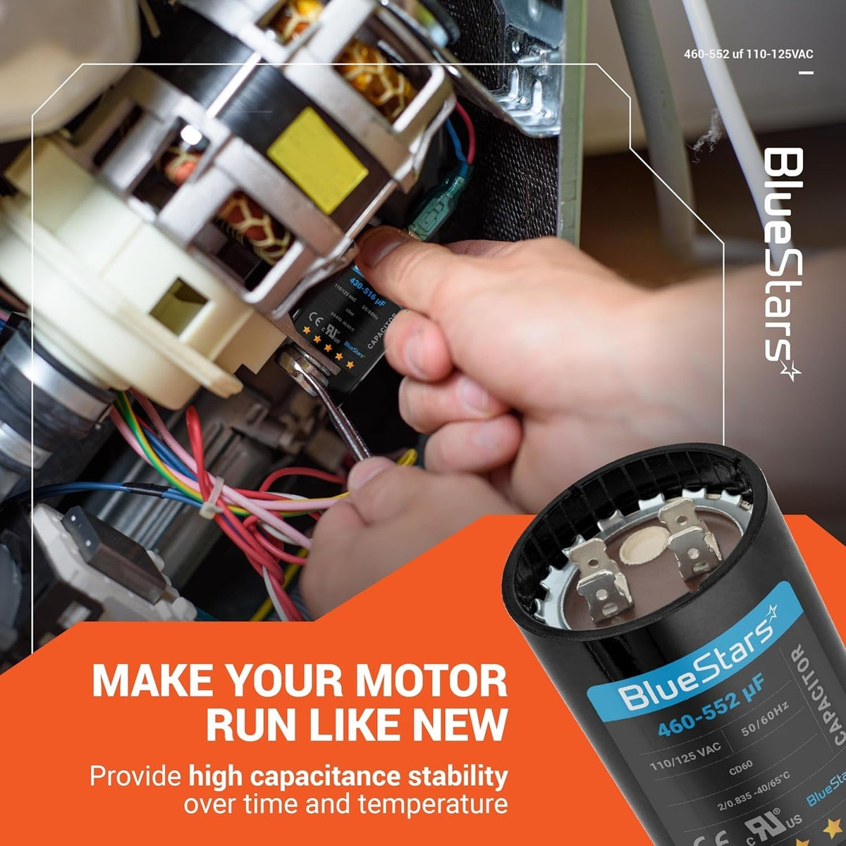 Technician installing a 460-552 uF 110-125 VAC round motor start capacitor into an AC motor unit.