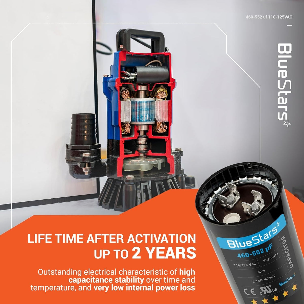 460-552 uF 110-125 VAC CD60 round motor start capacitor shown with a cutaway view of an electric water pump.