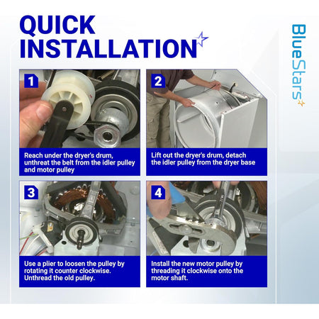 8066184 Dryer Motor Pulley 29 quick installation guide showing four steps to remove and install the motor pulley