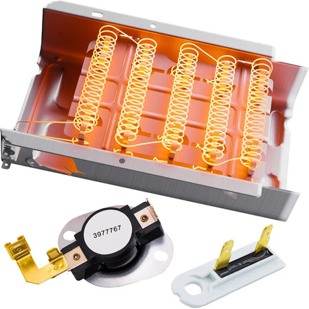 279838 dryer heating element kit, glowing element with round thermostat and thermal fuse shown below