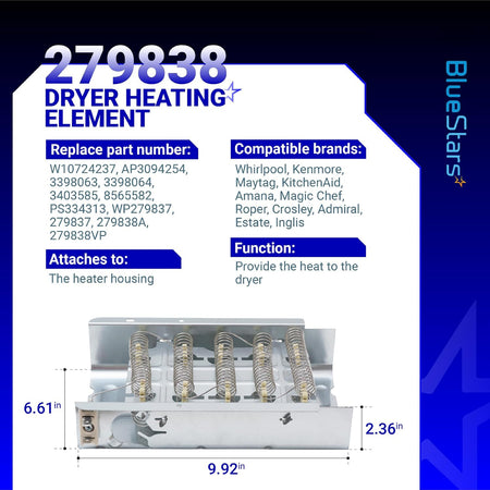 279838 Dryer Heating Element dimensions diagram showing 6.61 in, 2.36 in, and 9.92 in measurements