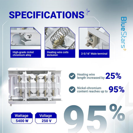 279838 Dryer Heating Element spec graphic showing coils, nickel-chromium alloy, male terminal, 5400W and 250V.