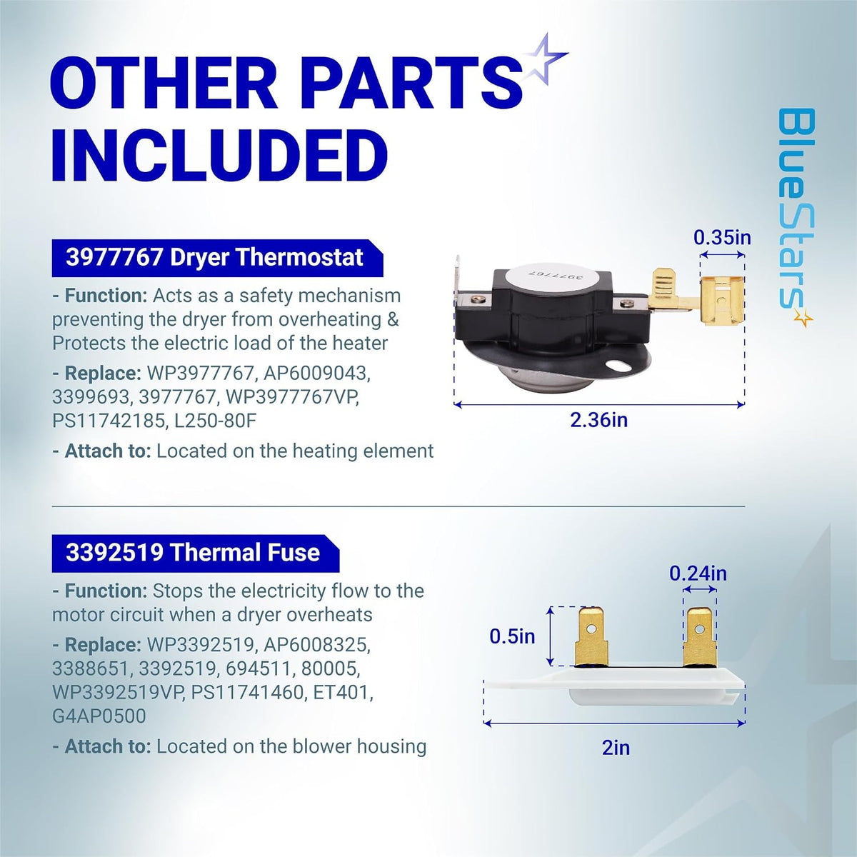 279838 Dryer Heating Element kit graphic showing 3977767 thermostat and 3392519 thermal fuse with dimensions
