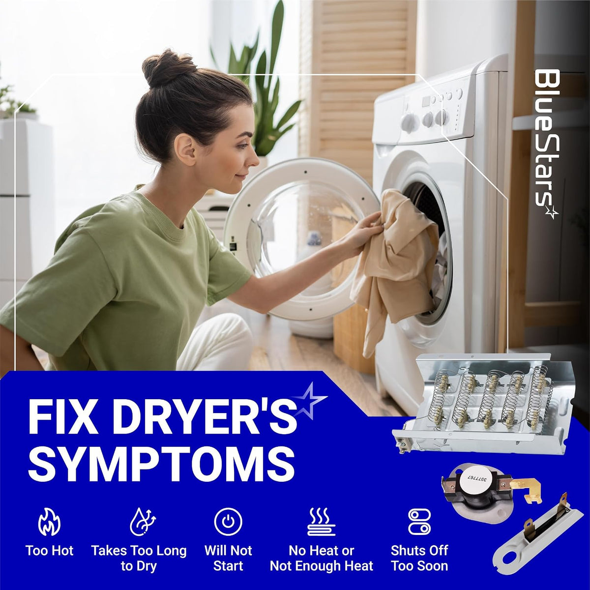 279838 dryer heating element repair kit shown with a front-loading dryer and graphics for common dryer symptoms