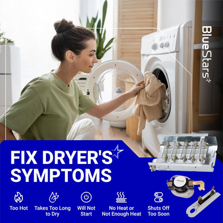 279838 dryer heating element repair kit shown with a front-loading dryer and graphics for common dryer symptoms
