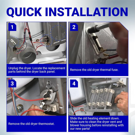 279838 Dryer Heating Element Repair Kit quick installation guide showing four replacement steps