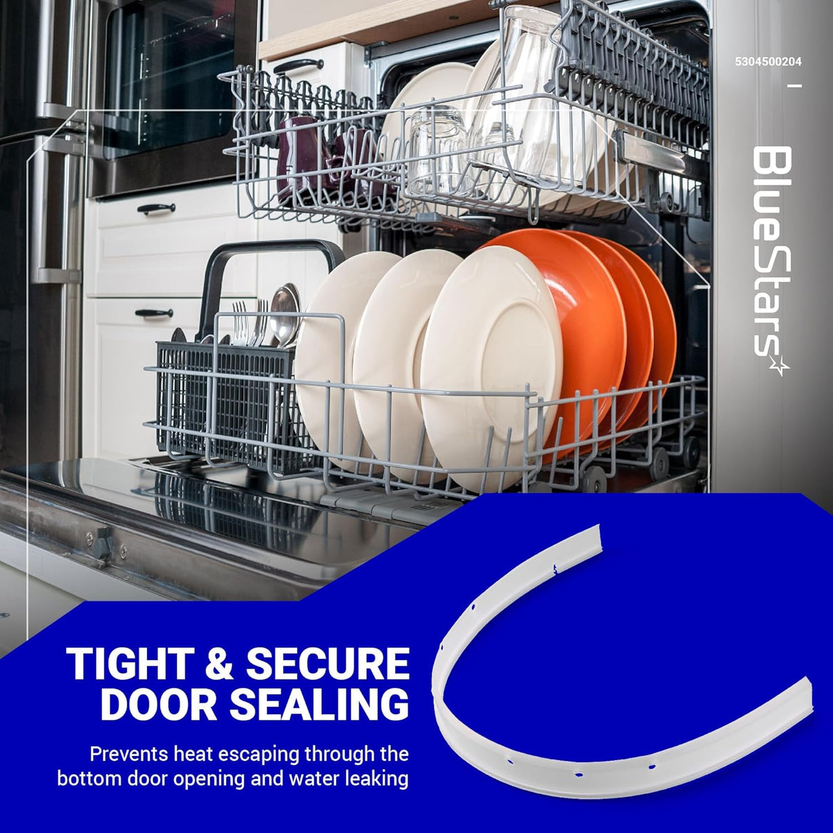 5304500204 dishwasher bottom door gasket replacement shown on a blue background with a dishwasher interior graphic.