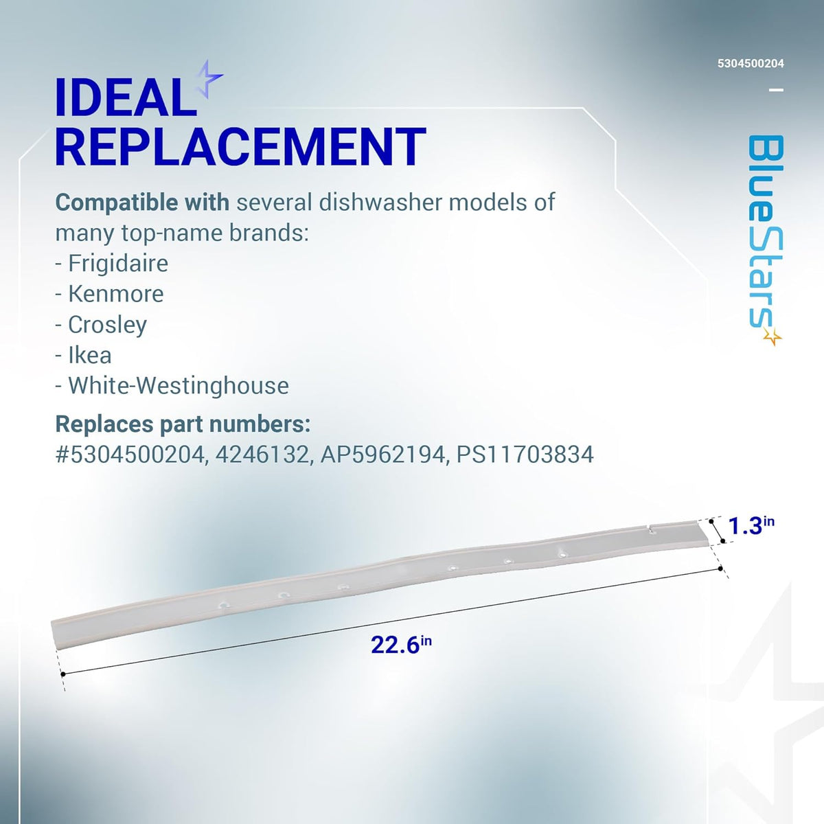 Infographic showing 5304500204 dishwasher bottom door gasket dimensions and compatibility list.